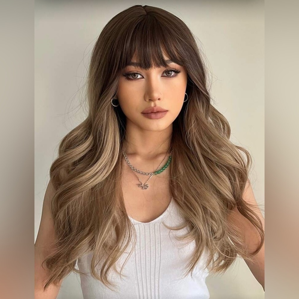 Balayage dark Roots Medium ash Blonde with bangs Wig 22 Inch